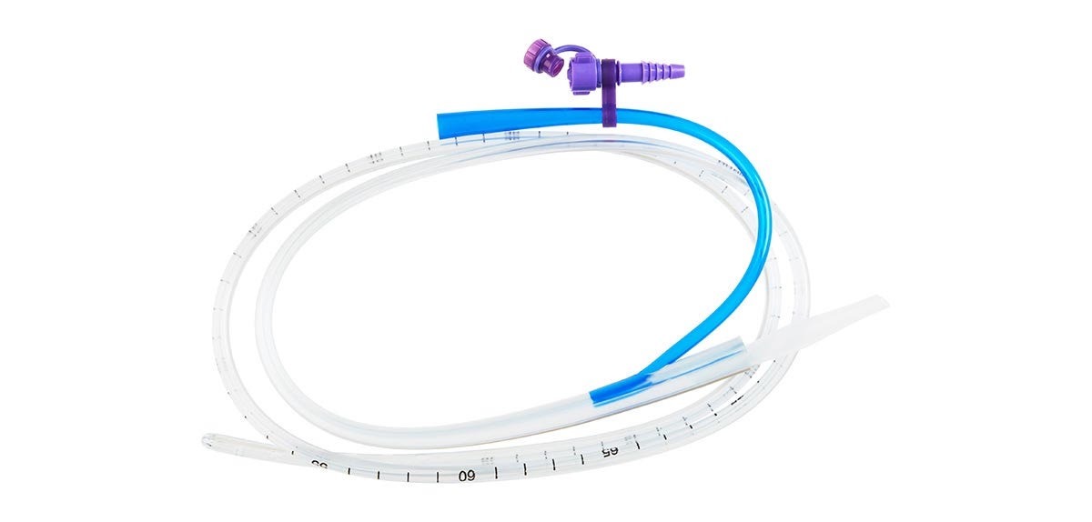 Salem Sump tube assembly with ENFit-compatible connector and blue vent lumen.